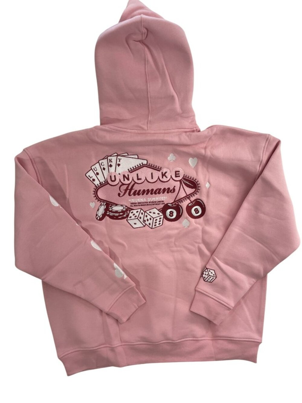 Unlike Humans Casino Pink Hooded Sweatshirt Aces Dice Graphics Unisex Size M NWT - Picture 2 of 8
